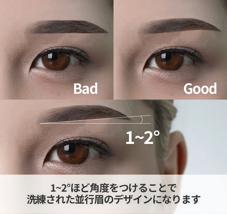 眉に1〜2度の角度をつけたGoodの例と、角度のないBadの例を並べた図