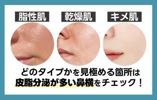 脂性肌・乾燥肌・キメ肌の見極めは皮脂分泌の多い鼻横を確認することを示した図